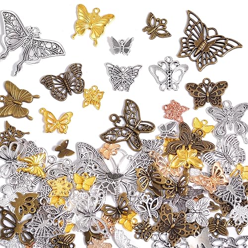 stino 100g Metal Pendant Charms for Jewelry Making, Bulk Silver & Gold Charms for Braclet Necklace Crafts, Animal Plant Flower Pet and so on - Butterfly Mixed Color