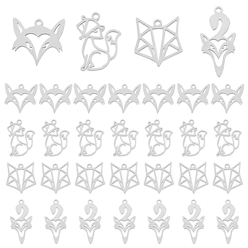 DICOSMETIC 32Pcs 4 Style Fox Theme Charms Stainless Steel Animal Charms Hollow Fox and Fox Head Pendants Small Pendant for DIY Earring Necklace Bracelet Jewelry Making, Hole: 1.2~1.4mm - Metal Color-4 Styles-32Pcs