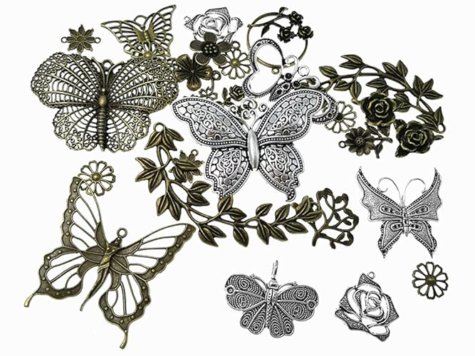 Kinteshun Butterfly Flower Leaf Charm Pendant for DIY Jewelry Making Accessaries(29pcs,Silver&Bronze Tones) - Feather and Wing