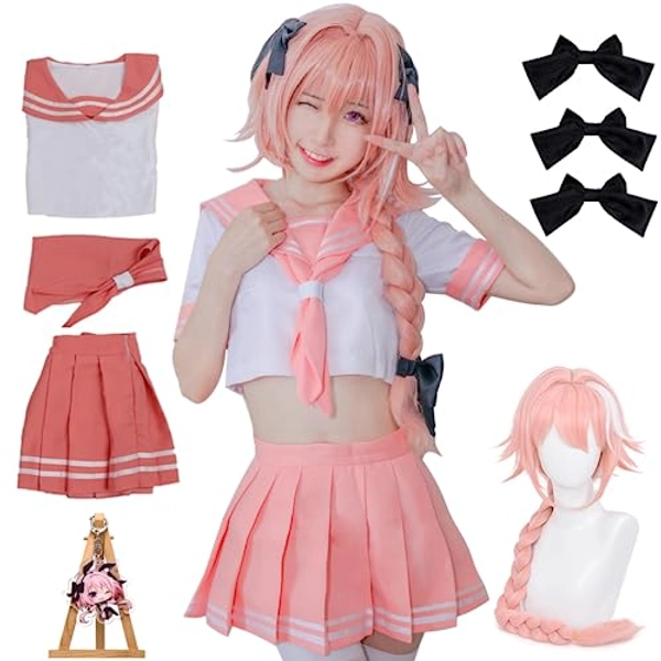 Astolfo Cosplay, Anime School Uniform, Pink Sailor Suit for Adults Japanese College Uniform With Long Pink Wig Set - 02clothing + Wigs - Small