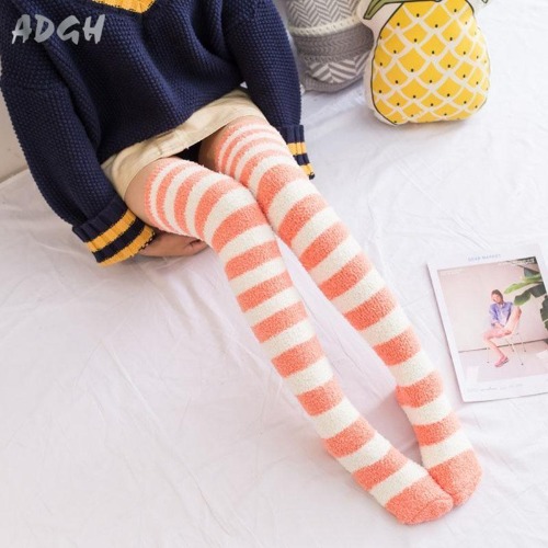 Fuzzy Striped Thigh Highs - Coral Striped
