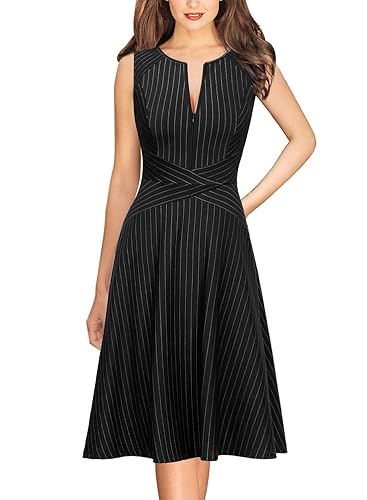VFSHOW Womens Elegant Front Zipper Slim Work Business Office Party Cocktail Skater A-Line Dress - X-Large - Black and White Striped