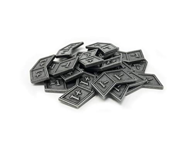 Citadel Black MTG Buff Counters +1/+1 and -1/-1 Set of 20 Metal Tokens - with Velvet Drawstring Pouch, Antique Silver Finish Metal Tokens, Magic: The Gathering, Gray
