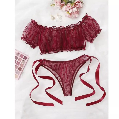 Dotted Ruffle Lingerie Set - Wine Red / M