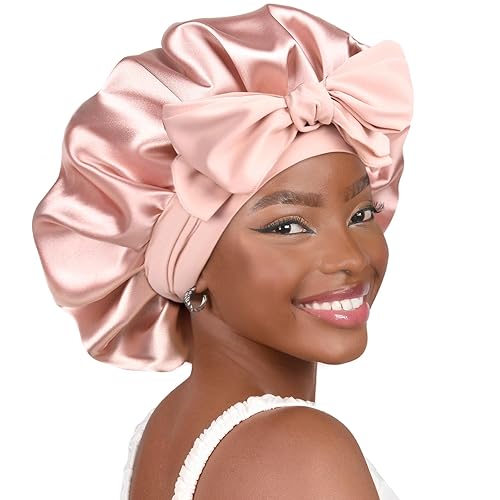 YANIBEST Silk Bonnet for Sleeping Women Satin Bonnet Double Layer Satin Lined Hair Bonnet with Tie Band Curly Hair - Large - Blush Pink