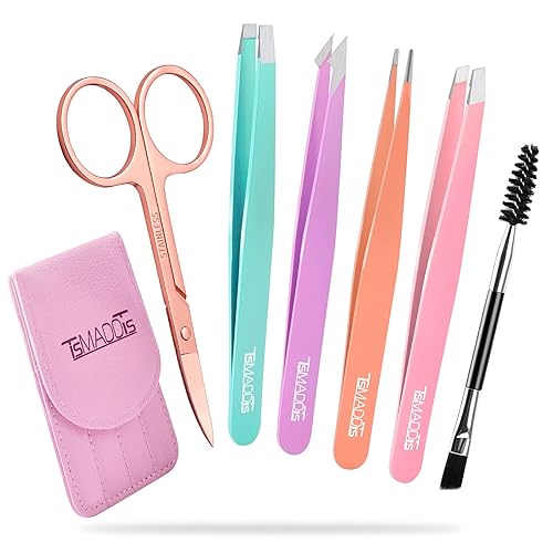 TsMADDTs Eyebrow Tweezer Set, 6 Pcs Tweezers Set for Women, Precision Tweezer for Eyebrows with Curved Scissors for Ingrown Hair, Hair Plucking Daily Beauty Tools with Leather Travel Case - Amulti-colored