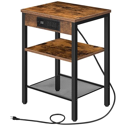 HOOBRO End Table with Charging Station and USB Ports, 3-Tier Nightstand with Adjustable Shelf, Small Side Table for Small Space in Living Room, Bedroom and Balcony, Rustic Brown BF112BZ01 - 1 - Rustic Brown + Black