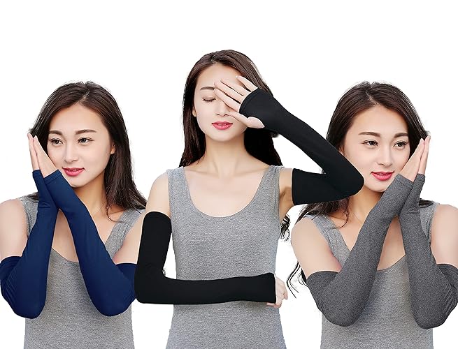 Bellady Women Outdoor Sun Block Soft Long Arm Sleeves Fingerless Gloves - Black Darkgrey Navy - 3