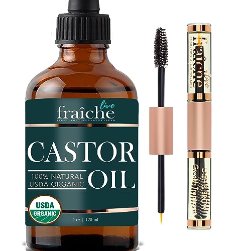 Live Fraiche Organic Castor Oil (4oz) + Filled Mascara Tube, 100% USDA Pure, Cold Pressed, Hexane Free Lash Serum Hair Growth Oil for Eyelashes, Eyebrows, Hair - Brow and Hair Treatment Oil - 4 Fl Oz (Pack of 1)