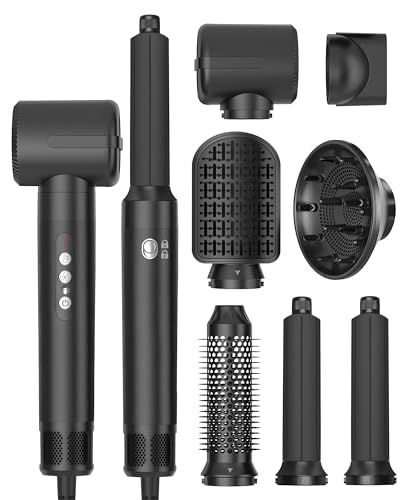 Hair Dryer Styler 7 in 1, High Speed Brushless Motor Blow Dryer Wrap Air Styling Tools Set - Hot Air Brush, Diffuser, Nozzles, Hair Straightener Comb, Curling Wand, Hair Volumizer (Black) - Black S