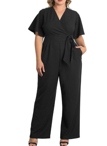 Eytino Womens Plus Size Jumpsuit Wrap V Neck Short Sleeve Belted Wide Leg Pant Romper(1X-5X) - 3X B Black