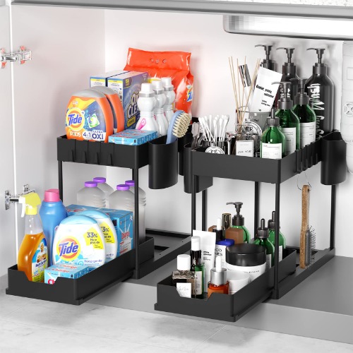 OSMOFUZE Under Sink Organizers and Storage, 2 Tier Under Sliding Cabinet Basket Storage Rack with Hooks, Hanging Cup, Multipurpose Storage Shelf for Bathroom Kitchen Countertop, 2 Pack, Black - Black 2 Pack