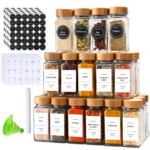 Spice Jars with Label-4oz 36Pcs,DIMBRAH Glass Spice Jars with Bamboo Lids,Spices Container Set with White Printed Spice Labels,Kitchen Empty Spice Jars with Shaker Lids - 36