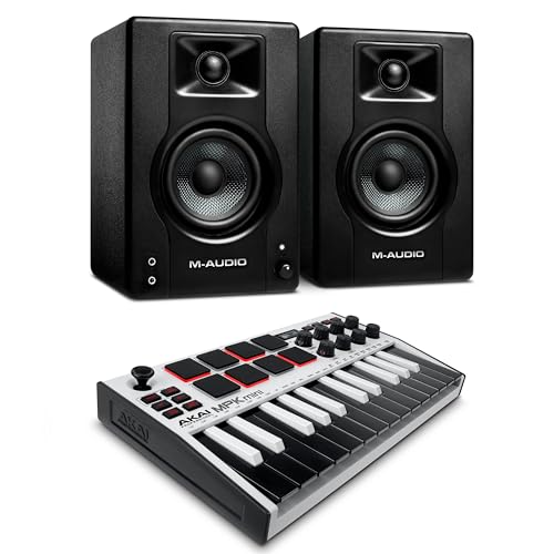 Recording Studio Package - Akai Professional MPK Mini MK3 USB MIDI Keyboard Controller and M-Audio BX3 3.5" 120W Speakers, with Production Software, white - White - with Studio Monitors