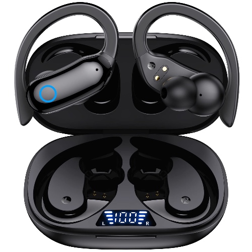 GNMN Headphones Wireless Earbuds 48hrs Playback IPX7 Waterproof Earphones Over-Ear Stereo Bass Headset with Earhooks Microphone LED Battery Display for Sports/Workout/Gym/Running Black