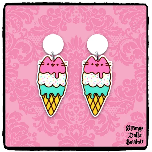 Cute cat and ice cream earrings, 925 sterling silver, Cute pastel, Strange Dollz Boudoir