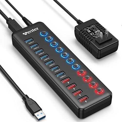 Powered USB 3.0 Hub, Wenter 11-Port Hub Splitter (7 Faster Data Transfer Ports+ 4 Smart Charging Ports) with Individual LED On/Off Switches, Power Adapter for Mac, PC - 7+4