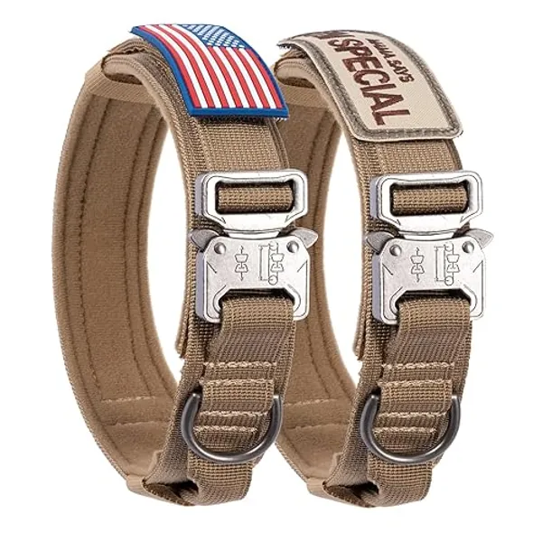 Tactical Dog Collar with USA American Flag - Military Dog Collar Thick with Handle - Heavy Duty Nylon K9 Adjustable Metal Buckle for Medium Large Dogs M L XL Chew Proof with 2 Patches Black - M （14"-18.5"） - Brown