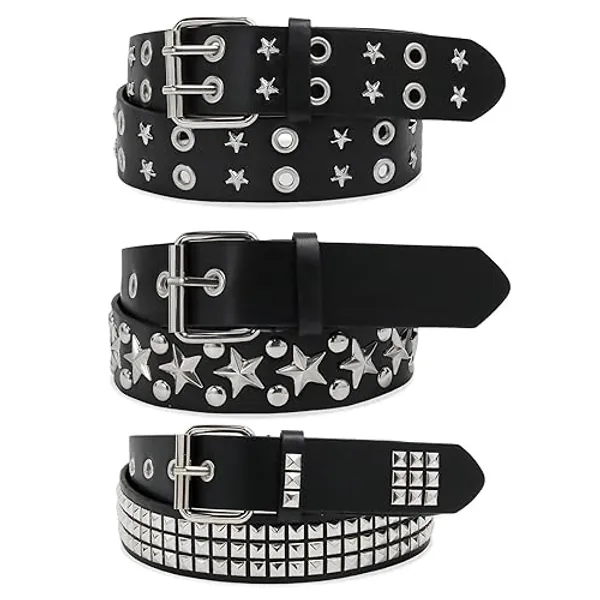 AEXHOT 3 Pcs Black Studded Belt Y2K Belt Star Gothic Punk Rock Belt with Grommet Threads Bright Metal Pyramid for Women Men Valentines Day Gifts for Her