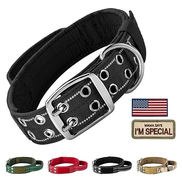 Annchwool Tactical Dog Collar for Medium and Large Dog,Adjustable Military Dog Collar with Soft Padded Handle,Heavy Duty Double Buckle Design(Black,M) - Medium - Black