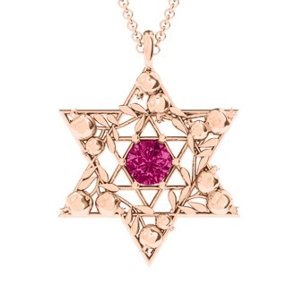 10K Rose Gold Pomegranate Branch Star of David Pendant with Ruby