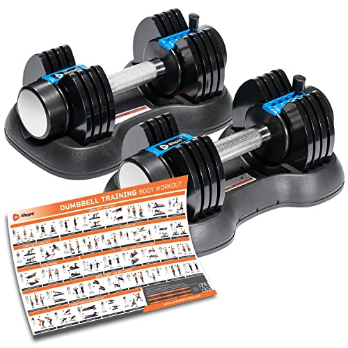 Lifepro Adjustable Dumbbell Set 25lb 5in1 - with Workout Poster & Dumbells Rack - Compact Quick Adjustable Weights for Full Body Exercise & Fitness - Adjustable Dumbbells Set of 2 for Home Gym - Adjustable