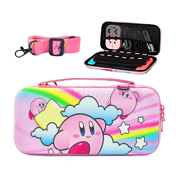 Star Kirby Carrying Case Compatible with Nintendo Switch & OLED Mode, Pink Hard Travel Portable Switch Case with Shoulder Strap, Cute Switch Accessories Carry Case for Girls - Pink Kirby