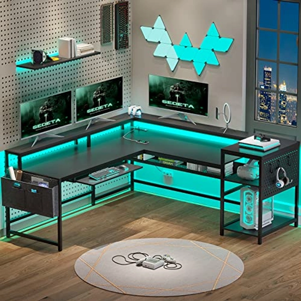 SEDETA L Shaped Desk, Reversible Gaming Desk, Computer Desk with Power Outlets & LED Strip, Monitor Shelf, Keyboard Tray, Pegboard and Storage Shelves for Home Office, Black