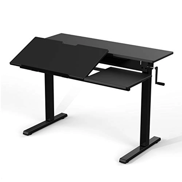Stand Up Desk Store 48" Crank Adjustable Height Split Level Drafting Table Ergonomic Desk with Monitor Shelf (Black/Black)