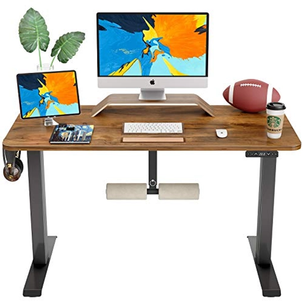 FAMISKY 48 Inch Dual Motor Height Adjustable Standing Desk with Foot Rest, Sit Stand Home Office Desk with Hooks, Ergonomic Workstation Black Steel Frame/Rustic Brown Wood Top