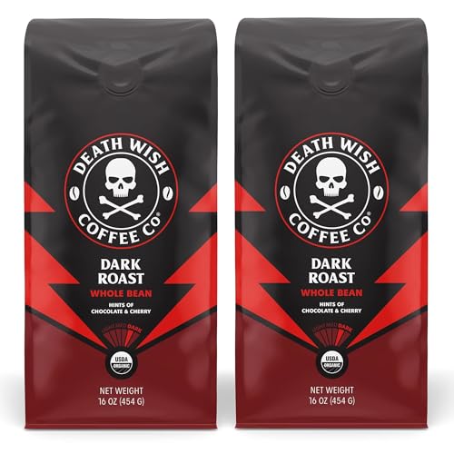 Death Wish Coffee Co. Whole Bean Dark Roast - Extra Kick of Caffeine - USA Organic Coffee Beans Bundle/Bulk - Fair Trade Arabica & Robusta Coffee - Real Dark Roast Coffee Beans 16 Ounce (Pack of 2) - Dark Roast - 16 Ounce (Pack of 2)