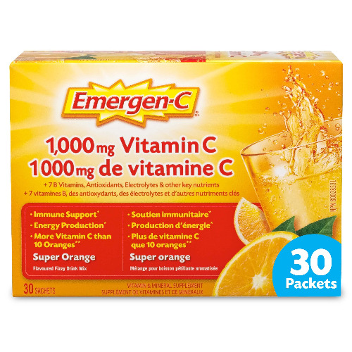 Emergen-C 1000mg Vitamin C Powder Supplement, Drink Mix with Electroyltes, Immune System Booster, Super Orange, 30 Packets - Orange Vitamin C Powder