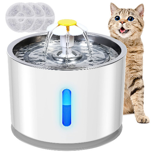 Petiigo Cat Water Fountain Stainless Steel, Ultra-Quiet Cat Fountain 2.4L, BPA-Free Pet Water Fountain, cat Water Dispenser with LED Night Vision for Cats Dogs - White - Yellow