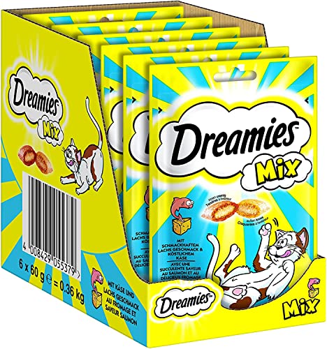 Dreamies Mix Katzensnacks mit Lachs & Käse – Außen knusprig & innen cremig – 6 x 60g - Lachs & Käse