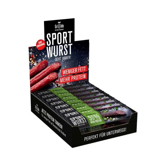 Grillido Sportwurst Rind & Kräuter 25er Pack | Die Beef Jerky Alternative mit wenig Zucker | 39% Eiweiß und nur 2,96g Fett pro Wurst - Rind&Kräuter - 25 Stück (1er Pack)