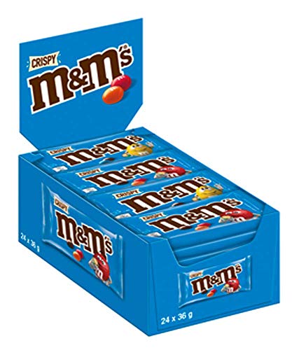 M&M'S Crispy, Bunte Schokolinsen mit knusprigem Kern und knackiger Hülle, Knabberspaß mit leckerer Milchschokolade, Großpackung Schokolade, Ideal als Geschenk & Snack, Weihnachts Süßigkeiten, 24x36g - Crispy
