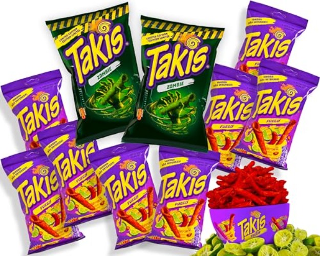 Takis Chips Box - 2x Takis Zombie 90g und 8x Takis Fuego 56g - Chips Grosspackung Chips scharf (Pack von 10) - Takis Pack Bundle für Halloween - Takis Zombie und Fuego - 10 Pack