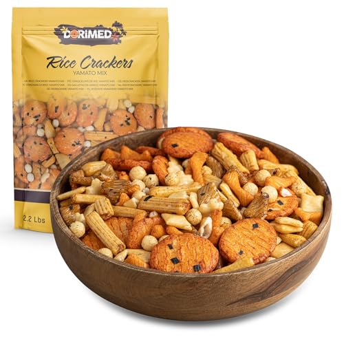 Reiscracker, Yamato Mix 1 kg | Gebratene Yamato-Reisstangen | Pikanter Mix Vorspeise | Sortiertes asiatisches Reis, Tapioka und Chili-Sortiment | Ein Hauch von Salz, Soja und etwas Würzigem | Dorimed