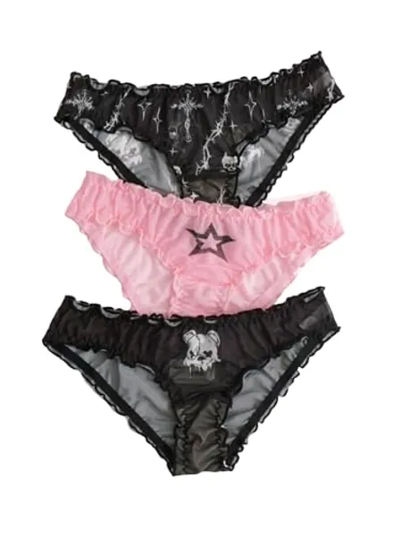 SHENHE Women's 3 Piece Sets Mesh Goth Panties Lettuce Trim Low Rise Cute Underwear