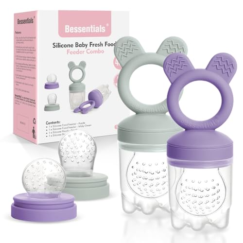 Bessentials Baby Fresh Fruit Food Feeder - 2 Pack Silicone Baby Mesh Feeders for Infant Safe Self Feeding |3 Sizes Food Pouches Included| Suitable for Baby 4m+（ Purple+Misty Green） - Purple+Misty Green