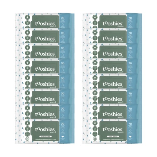 Tooshies Wipes | Pure Water | 100% Plastic Free | Biodegradable | Fragrance Free | 16 x 70pk (1120 Wipes) - Pure Water (Fragrance Free)