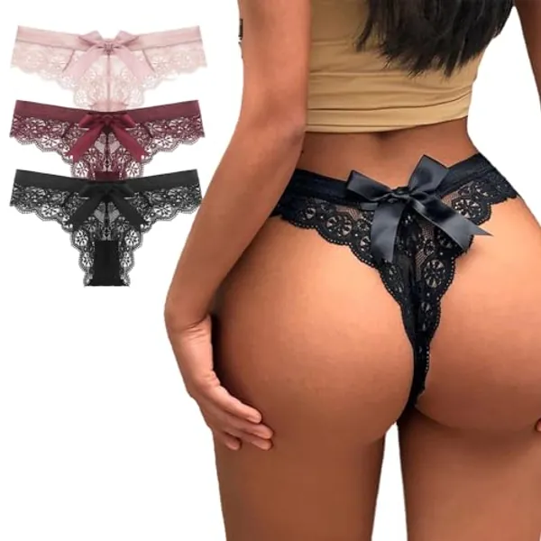Women Lace Bow Thongs,T Back Low Waist Panties Sexy V-Shape Design Floral Lace, Breathable Panties Undies for Women 3-Pack