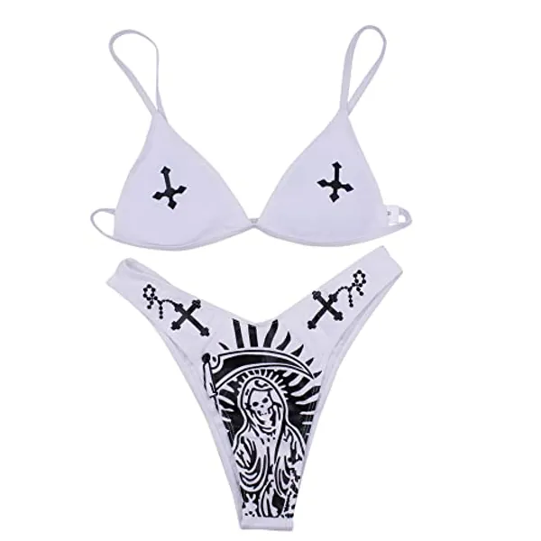 ANKOMINA Women Gothic Skull Letter Printed Two Piece Swimsuit High Cut Triangle Bikini Set for Rave Party Festival Halloween