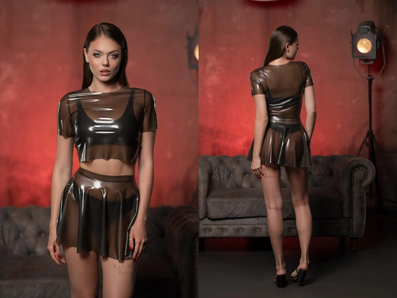 Gift for Girlfriend Set Latex Translucent & Black Set 4 in 1 T-shirt Top / Crop Top / Bikini / Skirt Female Costume
