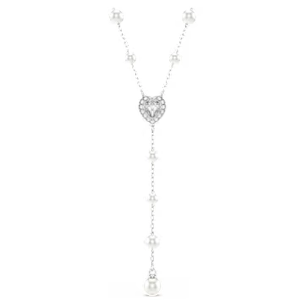 Ariana Grande x Swarovski Y necklace, Mixed cuts, Crystal pearl, Heart, White, Rhodium plated