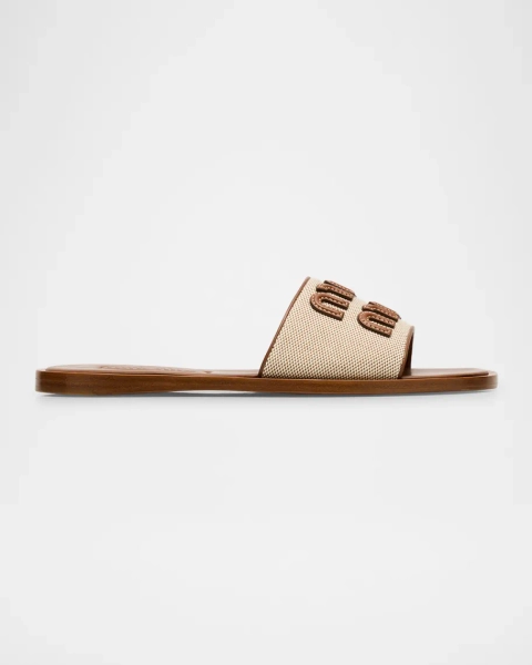 Canvas Logo Flat Slide Sandals