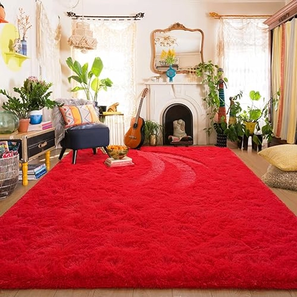 Amearea Shag Fluffy Area Rug for Bedroom Girls Living Room, Extra Soft and Fuzzy Shaggy Rugs, Non Slip, Solid Color Carpet Mat for Boys Nursery Home, Red 5x8 Feet