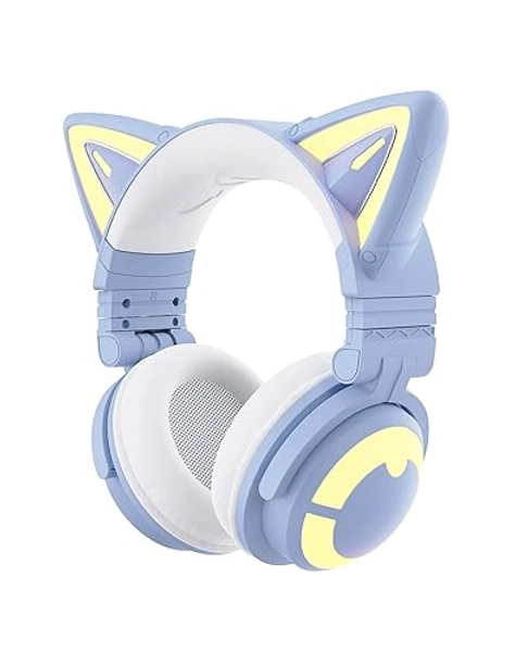 YOWU RGB Cat Ear Headphone CE Wireless 5.2 Foldable Gaming Headset with SoundMage Acoustic System, Built-in Mic & Customizable Lighting and Effect via APP, Designed for Gamer Girls-Blue
