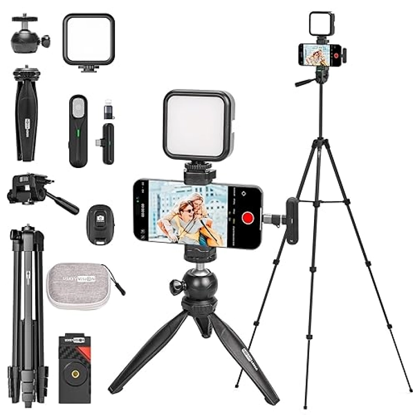 USKEYVISION Upgraded Vlogging Kit w/Wireless Lavalier Microphone,YouTube Kit for iPhone and Smartphone w/59” Retractable Tripod,Automatic Switch Phone Clamp,Content Creator Gear for TikTok(Vlog K5)