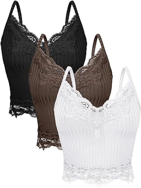 Bencailor 3 Pcs Women's Lace Tank Tops Y2k Camisole Lace Patchwork Crop Tops Grunge Style Ribbed Knitted Clothing